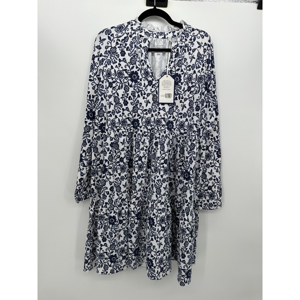 Duffield Lane Fiona Dress XXL Morning Glory Navy Floral Cotton Tiered Mini NEW
